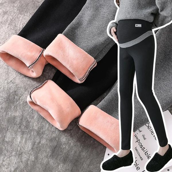 Capris mulheres grávidas inverno calças quentes com espessamento rosa veet listrado retalhos bordados calças de maternidade abdômen leggings