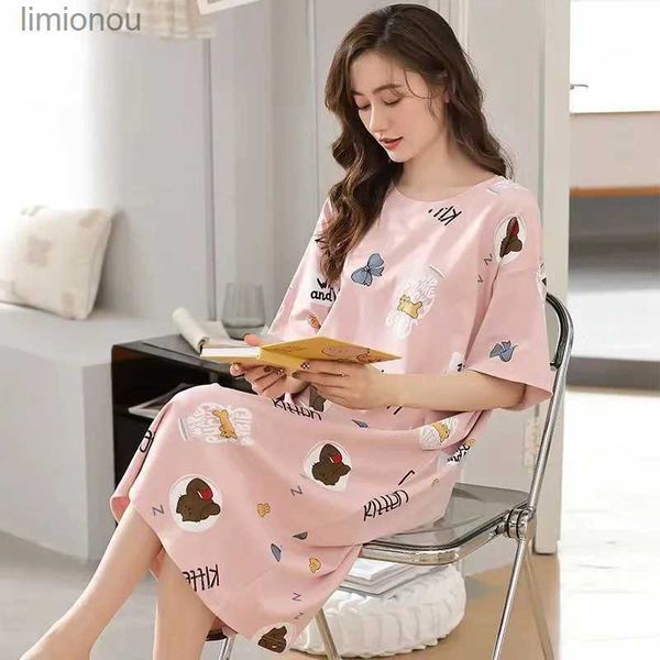 Lounge de dormir feminino Novo pijama feminino de verão bonito camisola de manga curta dos desenhos animados vestido de verão tamanho grande serviço de casa pode ser usado foraL240122