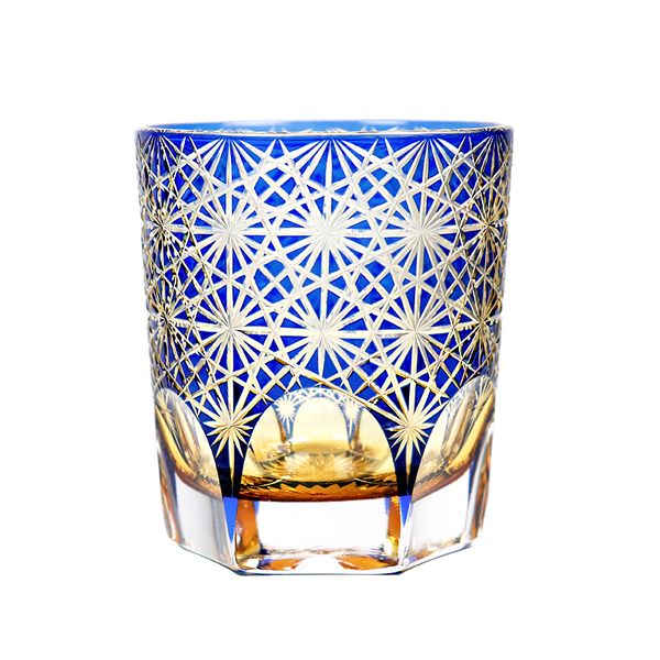 Handgefertigtes Kristallglas Whiskyglas Japanisches Edo Kiriko Weinglas Blau und Bernstein Blumenmuster Kostenloser Versand