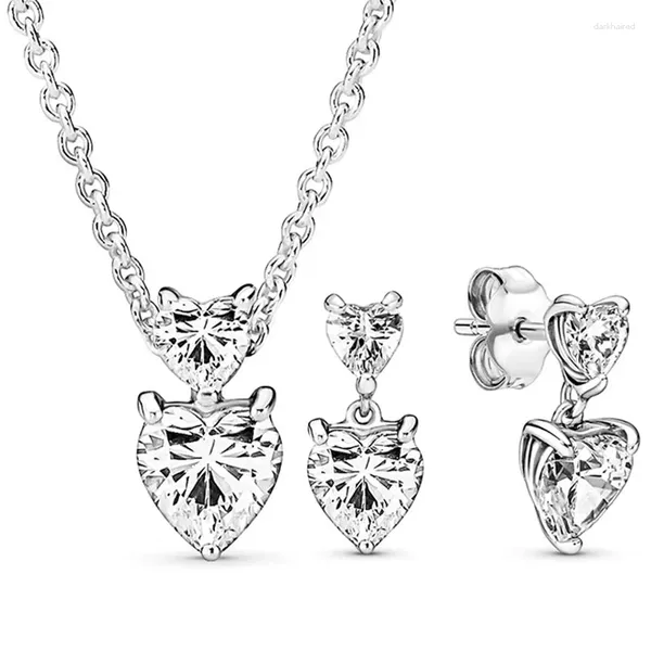 Anelli a grappolo in argento sterling 925 con doppio cuore scintillante, orecchini pendenti per collana da donna, set di gioielli regalo fai da te