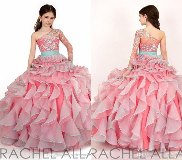 Blush Rosa Um Ombro Meninas Pageant Vestidos 2016 Rachel Allan Ângulo Perfeito Criança Vestidos de Festa de Aniversário Babados Organza Bonito Gown9961937