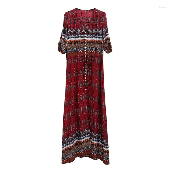 Vestidos de festa aecu verão mulheres maxi vestido v-pescoço floral impressão praia boho túnica sexy feminino roupas longas para 2024