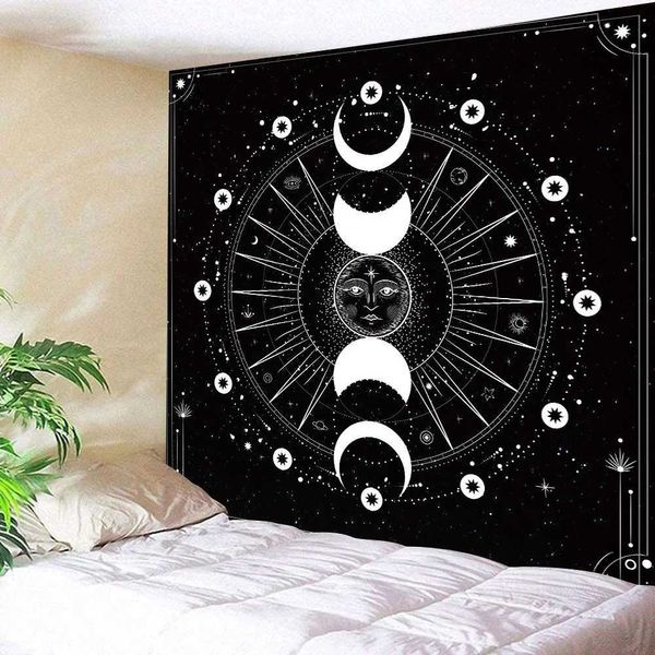 Tapeçarias Branco Preto Sol Lua Mandala Fase Tapeçaria Tapeçaria Luar Preto Tapeçarias Boho Quarto Decoração de Parede Decoração de Casa Parede L2401