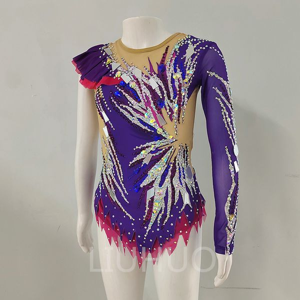 LIUHUO Personalizar Collant de Ginástica Rítmica Meninas Mulheres Roxo Escuro Competição de Ginástica Artística Desempenho Desgaste Cristais Spandex Elástico