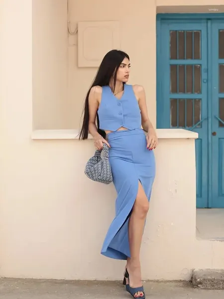 Gilet da donna SLMD Summer Women Fashion Chic Sky Blue Tasche con bottoni ritagliati Gilet casual da donna