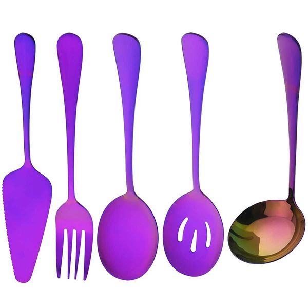 Cucina da campo 5 pezzi Set di stoviglie viola Cucchiaio da zuppa in acciaio inossidabile Set di cucchiai scolapasta Cucchiaio da servizio Cucchiaio da insalata Forchetta per torta Spatola da cucina Stoviglie YQ240123