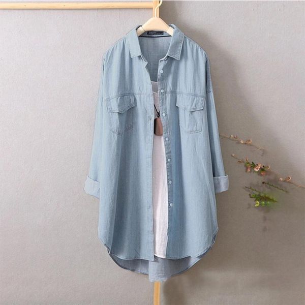 Camicette da donna Camicia elegante in denim da donna Top Autunno Casual Manica lunga Cardigan con tasca con bottoni Risvolto solido per le donne