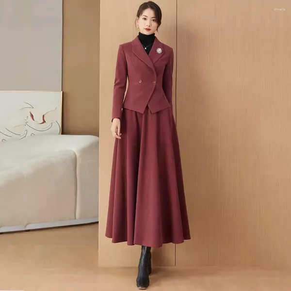 Vestidos de trabalho feminino outono inverno saia longa conjunto de lã vintage elegante misturada magro curto blazer e moda duas peças