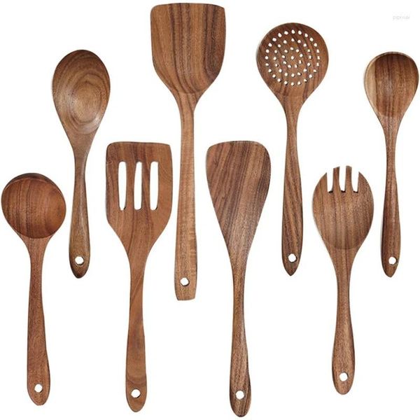 Ciotole, utensili in legno per cucinare realizzati in legno di teak naturale - Set di utensili da cucina di lusso da 8 pezzi