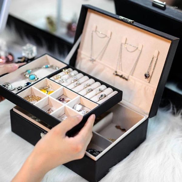 Sacos de armazenamento 2024 colar anéis brincos pulseira organizador caixa de jóias requintado mulheres embalagem de couro exibir caixas de presente caso
