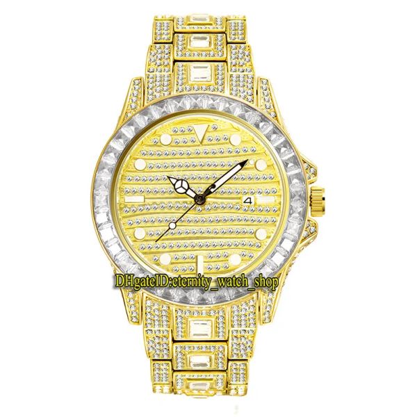 Relógio masculino MISSFOX Eternity V307 Hip Hop com mostrador embutido de diamante CZ, movimento de quartzo, moldura de diamante grande canário amarelo gelado, caixa de liga,