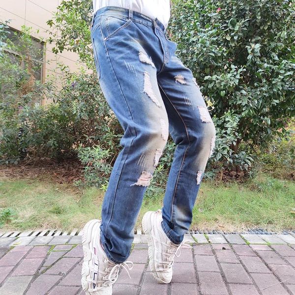 Erkek kot kot vintage all-mwch düz erkek pantolon kırık çizikler moda tasarım deliği yıkılmış dört sezon uzunluğunda pantolon
