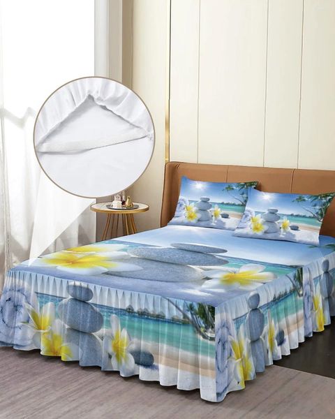 Saia de cama zen pedras flores oceano tropical colcha elástica com fronhas capa de colchão conjunto de cama lençol