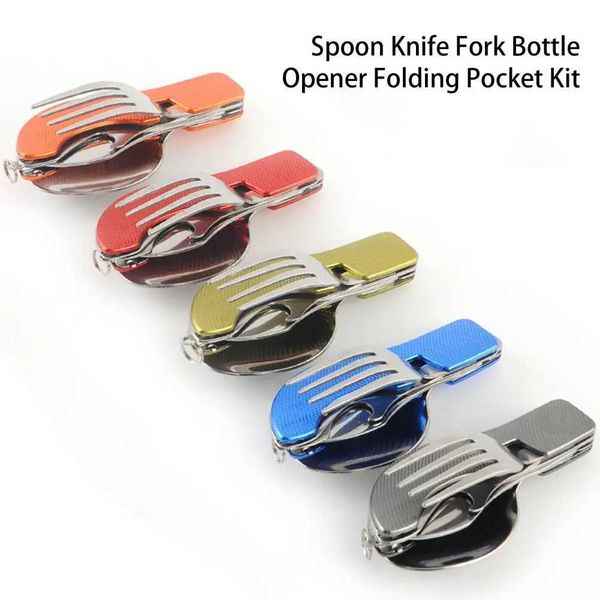 Camp Kitchen 4-in-1 Camping Tableware Stainless Steel Spoon Knife Fork Bottle Opener Combo Set Multi-Function Foldable Cutlery Multitool YQ240123