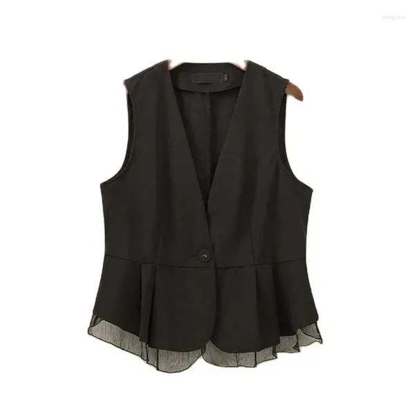 Coletes femininas moda versão coreana colete feminino 1 botão preto chiffon elegante verão outono fino jaqueta top 2024