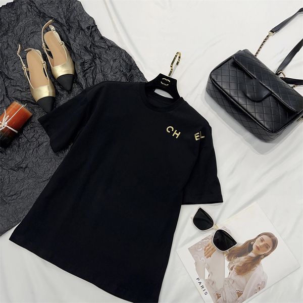 T-shirt feminina designer top light luxo clássico minimalista primavera / verão hot stamping carta impressão preto solto casual manga curta