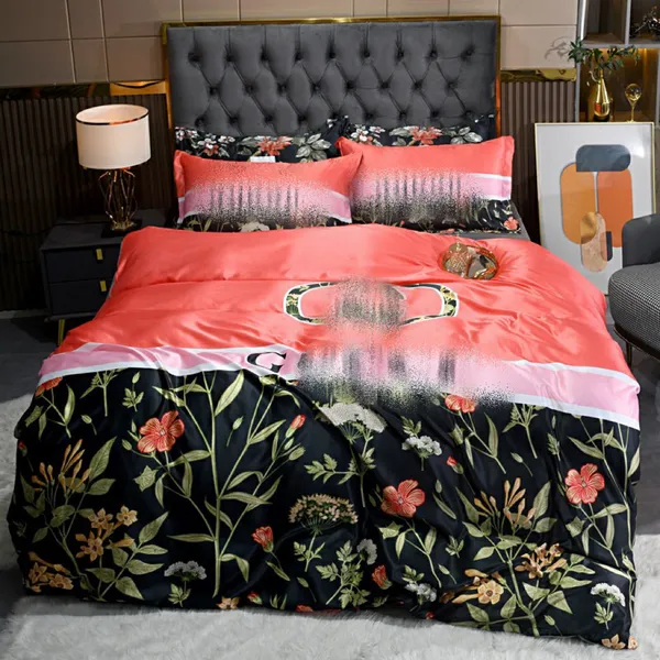 Set di biancheria da letto di design di lusso lettera g stampata queen king size copripiumino camera da letto fiore primavera lenzuolo di design federe copripiumino in raso di seta 4 pezzi