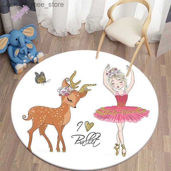 Teppich Cartoon Ballett Mädchen Runder Teppich für Wohnzimmer Teppich Kinderteppich Schlafzimmer Bodenmatte für Kinder Weiche Tapis Kinderteppich Q240123