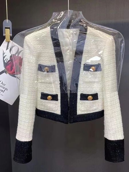 Frühling 2024 Kleine Parfüm-Tweed-Jacke Damenjacke Langarm-Kurzmantel mit Knopf Herbst lässiger Damen-Büromantel 240123