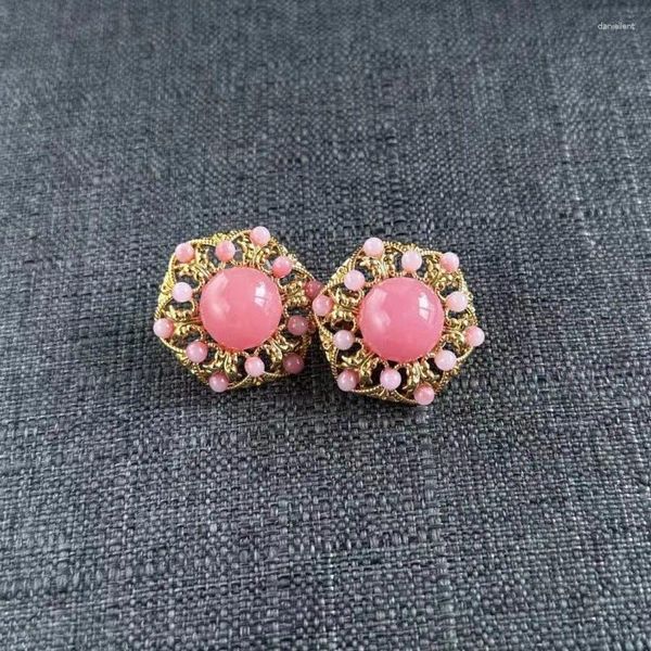 Orecchini a bottone medievale vintage francese arte pizzo fresco geometrico pietra rosa clip per orecchie ad ago in argento 925