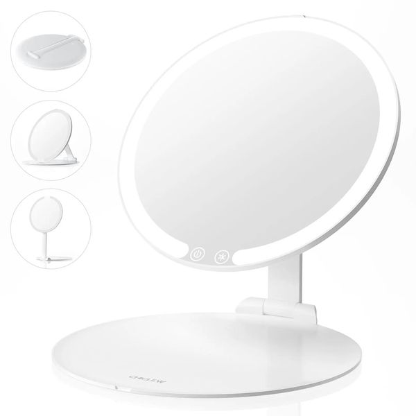 Spiegel LED-Reise-beleuchteter Schminkspiegel mit Hall-Sensor, tragbarer Spiegel mit 3 Farbmodi und Licht, wiederaufladbarer beleuchteter Spiegel