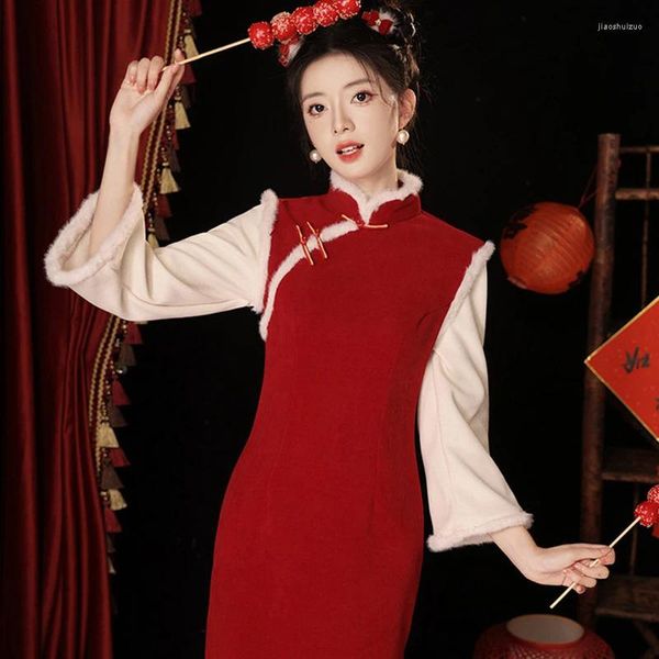 Roupas étnicas Ano Vermelho Cheongsam Melhoria Vintage Chinês Vestido Tradicional Inverno Engrossado Qipao Mulheres Plus Size 3XL Vestido de Festa