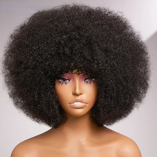 Flauschige Afro-Perücke aus verworrenem, lockigem Echthaar mit dickem Pony, 70er-Jahre-natürliche kurze Bob-Perücken für schwarze Frauen, 180 % Dichte, volle Spitzenfront-Perücke