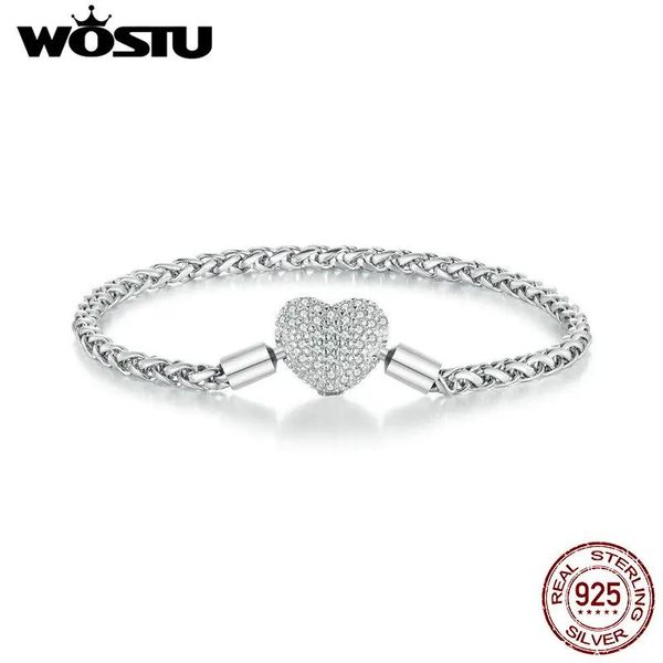 Illuminazione Wostu Vero Sterling Sier Grande Cuore con Zircone Pieno Bracciale rigido di base Maglie a catena intrecciate Fai da te per Ciondoli Regalo da donna