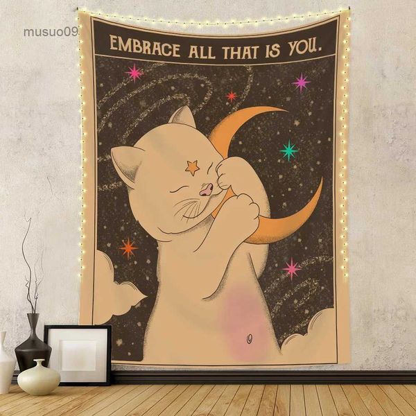 Wandteppiche, Sonne, Mond, Tarot-Wandteppich, Wandbehang, Boho-Tarot-Katze, Kawaii-Raumdekoration, psychedelischer Hippie-Wandteppich für Kinderzimmer, Schlafzimmer, Wandkunst