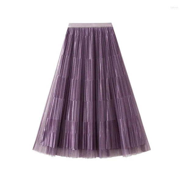 Saias Long Maxi Plissado Tulle Saia para Mulheres Primavera Verão Dupla Face Veludo Feminino Vintage Cor Sólida A Linha Roxa