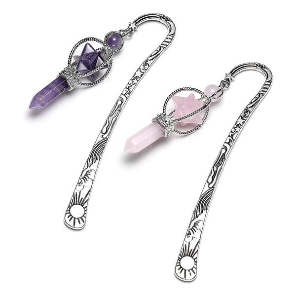 Vintage Silber Metall Lesezeichen für Frauen Amethyst Rosenquarz Kristall Punkte Merkaba Stern Anhänger Mädchen 240119