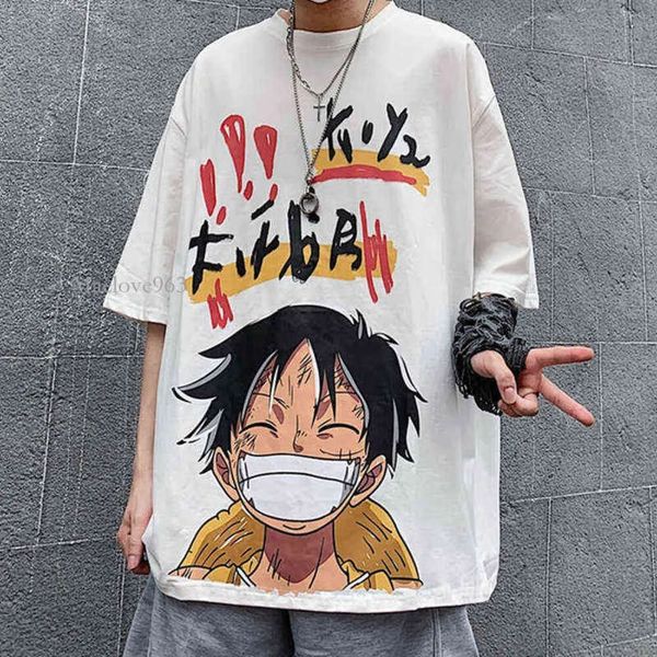 Houzhou yaz kısa kollu tişörtler grafik tee beyaz haruku anime bir barış luffy erkek kıyafetleri Japon sokak kıyafeti hip hop g220512