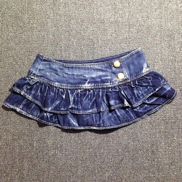 Юбки Сексуальная джинсовая юбка с заниженной талией женская 2024 Лето Мини Плиссированные оборками Короткая барная юбка для ночного клуба