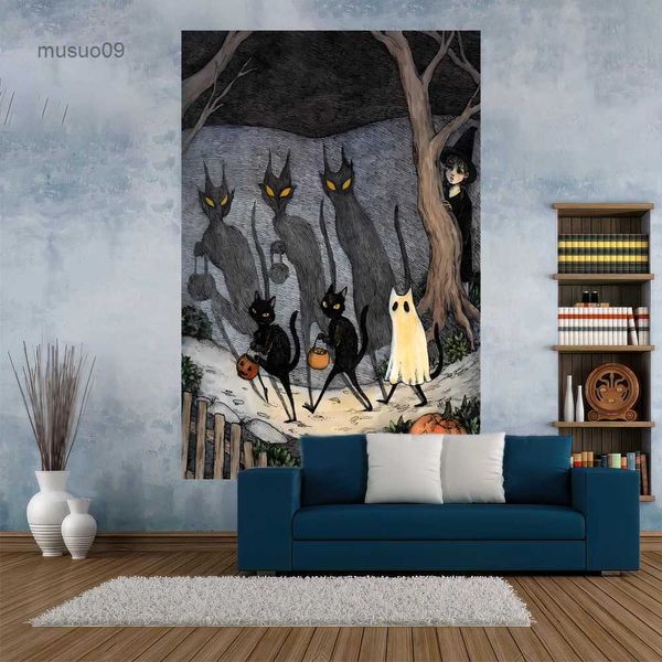 Wandtapijten XxDeco Halloween Anime Tapestry Cartoon Kat Illustratie Gedrukt Hekserij Kamer Decor Muur Opknoping Dorm Achtergrond Vakantie Cadeau