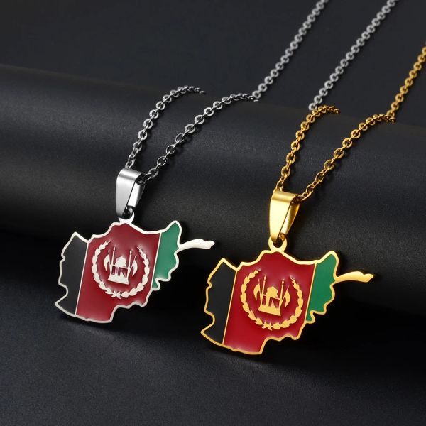 Afghanistan-Karte-Flagge-Anhänger-Halsketten, afghanischer 14-karätiger Gelbgold-Schmuck für Damen, Herren, Mädchen