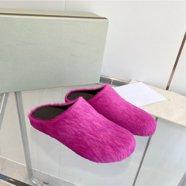 designer donna uomo capelli lunghi blu pelle di vitello Fussbett Sabot sandalo scorrevole pantofole in crine rosa fuzzy diapositive pantofole in pelliccia scarpe casual taglia 35-46