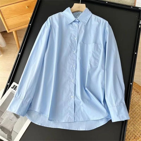 Camicette da donna 2024 Decorazione tascabile casual francese Camicia chic a maniche lunghe in cotone blu cielo confortevole 5125725