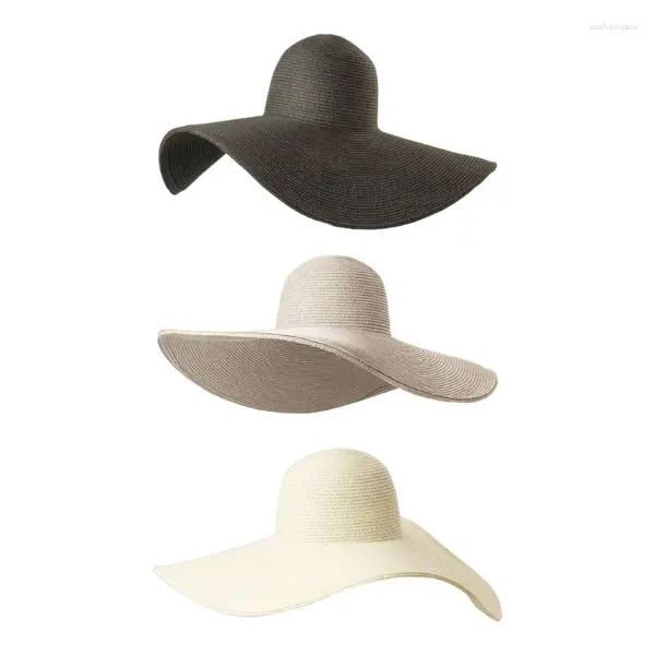 Cappelli a tesa larga Donna Estate Elegante Floppy per visiera parasole Cappello vintage da 7 pollici Grande super semplice tinta unita Protezione UV