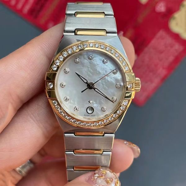 Relógio mecânico automático feminino de luxo, quinta geração, série Constellation, relógio de 29 mm com ouro 18K, aço de precisão, calendário redondo, janela, escala de tempo de diamante