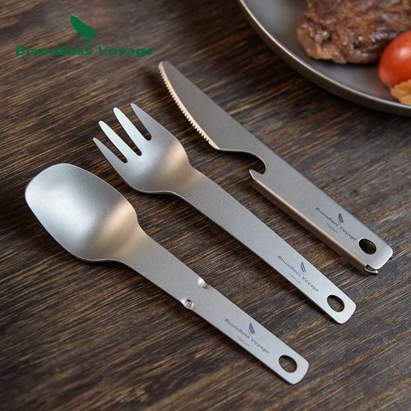 Camp Kitchen Boundless Voyage Titanium Tableware Set Outdoor Utility Knife Fork Spoon With Bottle Opener Combo Set Camping Equipment YQ240123