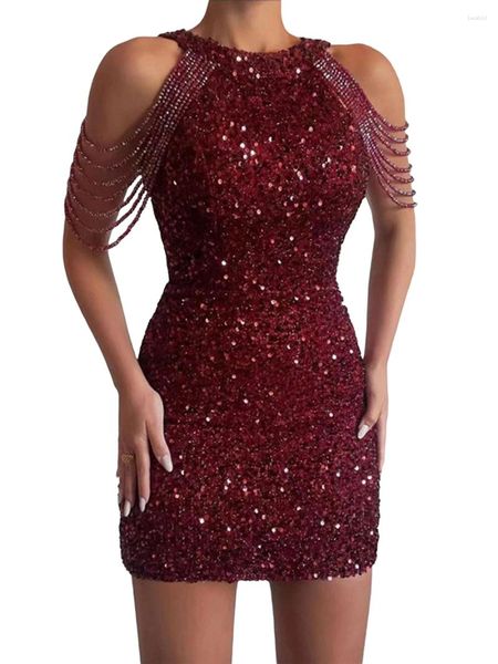 Vestidos casuais mulheres lantejoulas bodycon mini vestido ruched metálico brilhante baixo corte sem mangas tripulação pescoço lantejoulas tasseled noite