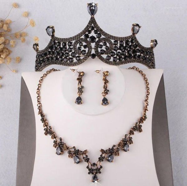 Collana Orecchini Set Barocco Vintage Nero Cristallo Gioielli da sposa Strass Tiara Corona Orecchino a perno Matrimonio Perline africane