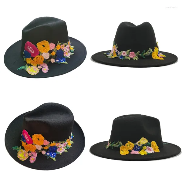 Berets Plum Blossom Black Fedora Chapéu para Mulheres Elegante Decalque Feltro Senhoras Jazz Cap Outono Inverno Panamá Chapeau Femme