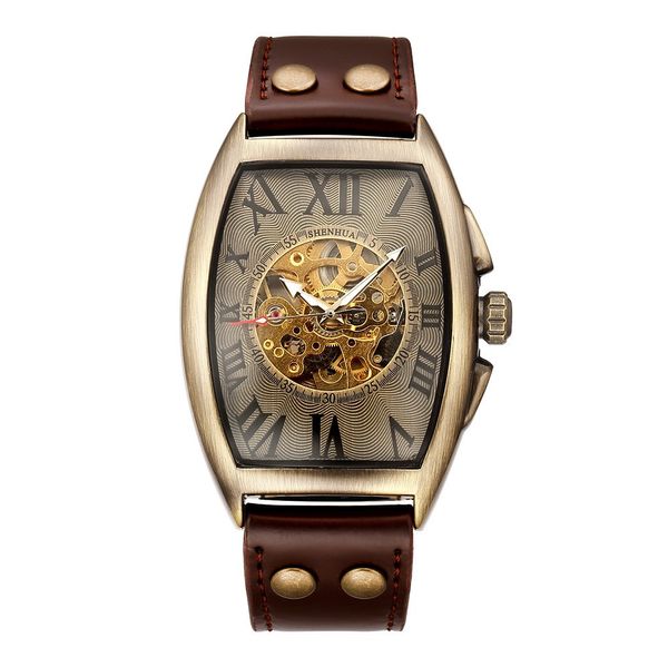 Hohle Armbanduhr Neue mechanische Herrenhaut mit genieteter Schnalle Leuchtende Freizeituhr Mechanische Uhr Armbanduhr Mode Herren Bronzeuhr