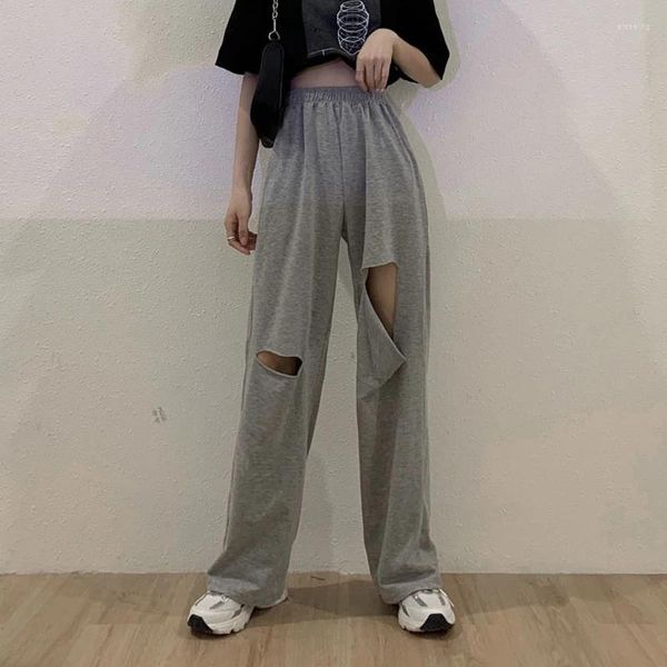 Kadın pantolon moda harajuku içi boş geniş bacak kadın joggers hole chic sokak kıyafetleri düz pantolonlar yaz hip hop gevşek eşofman