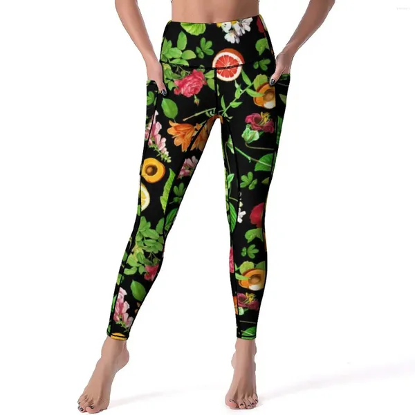 Leggings femininas frutas e folhas limão laranja treino vegetariano ginásio yoga calças push up leggins estiramento gráfico esportes collants tamanho grande