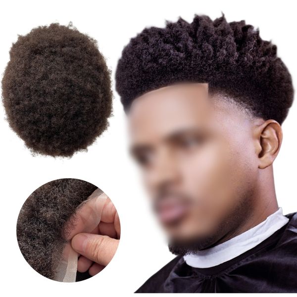 Sistemi di capelli umani vergini malesi #2 Parrucchino afro con radice marrone scuro da 4 mm 8x10 Unità piena in pizzo per uomini neri