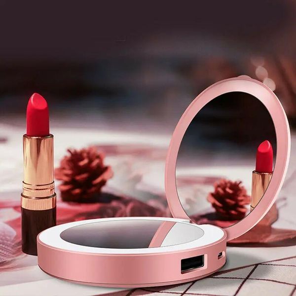 Espelhos mini portátil redonda hd maquiagem espelho led lumin bump dobring beleza ferramenta cosmética viagens móveis power bancy USB Carregável