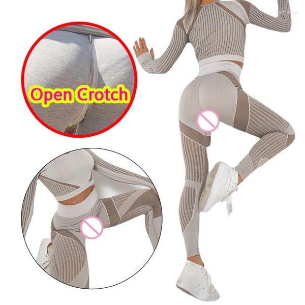 Damen Leggings Nahtlose Frau Sexy Open Crotch Shirt Set Elastische Hohle Sporthose Paar Outdoor Sex Lange Höschen Booty Lift Kostüm