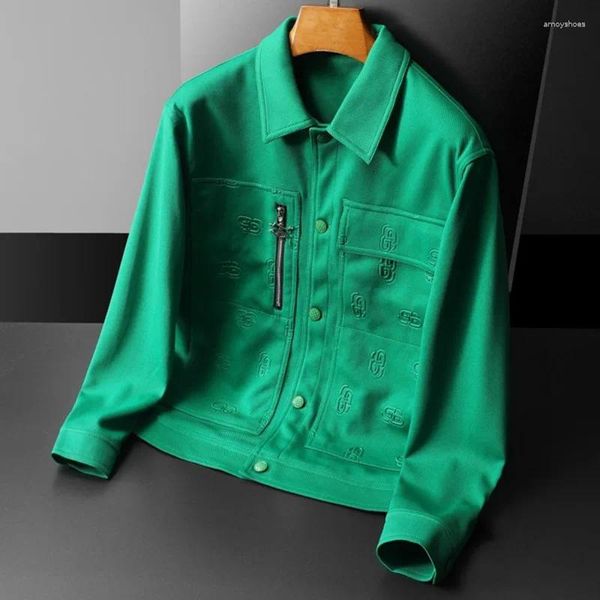 Herenjassen Herfstgroene ritssluiting Decoratieve jas Heren Trendborduurwerk Slanke revers Lange mouw Heren Casual jas van hoge kwaliteit